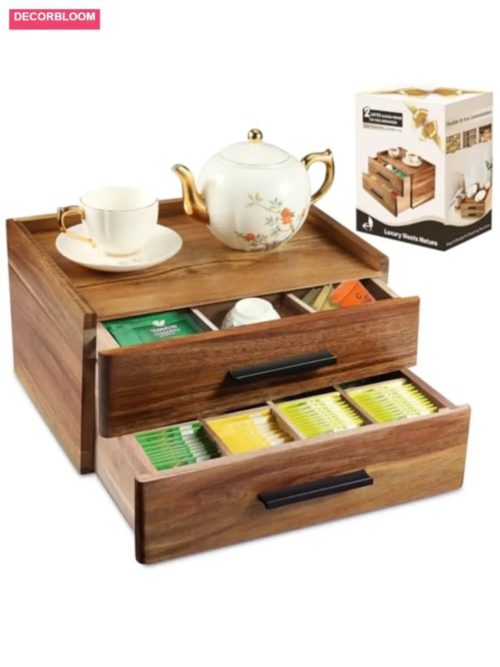 Acacia Wood Tea Bag Organizer Double Drawer Storage Box with Dividers